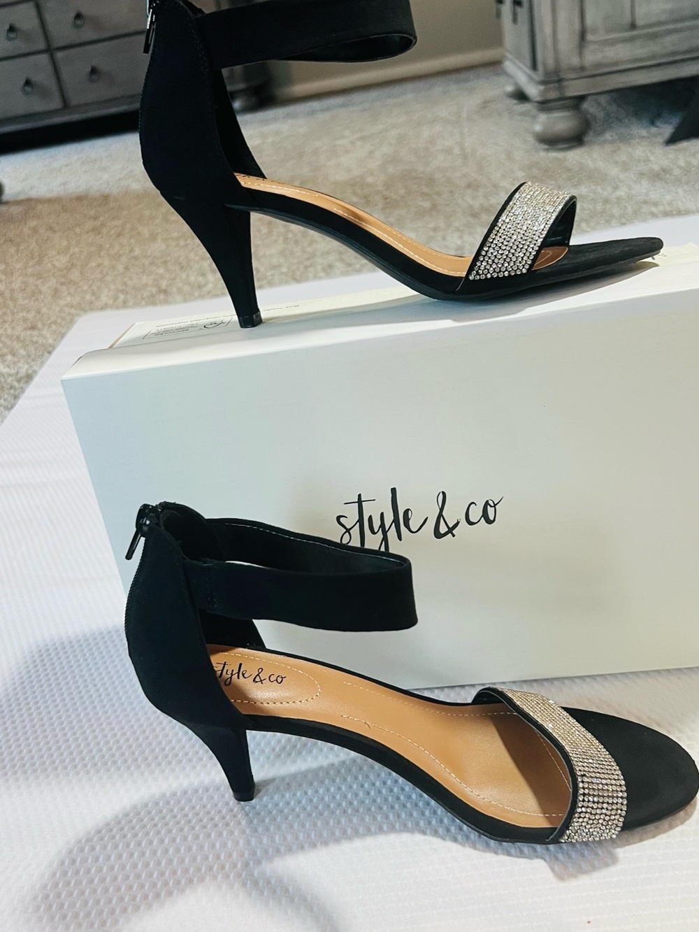 Style & Co. Black Ankle-Strap Heels with Rhinestone Band